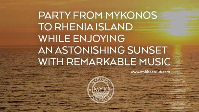 Promotional image for the sunset boat party cruises offered by Mykonos Boat Club