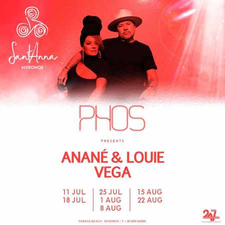 Promo ad for summer 2019 appearances of Anane and Louis Vega at SantAnna Mykonos