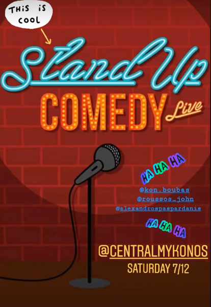 Promotional ad for the Stand Up Comedy Night at Central Mykonos on December 7