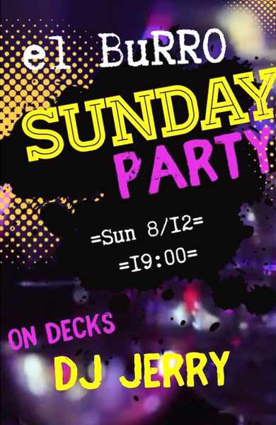 Promotional ad for the Sunday Party at El Burro Mykonos on December 8