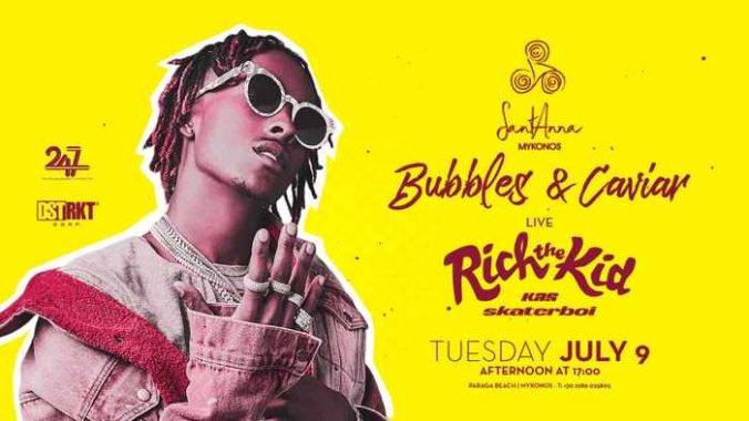Advertisement for the live show featuring Rich the Kid at SantAnna Mykonos on July 9