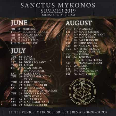 Sanctus Mykonos after hours nightclub DJ and party event calendar for summer 2019