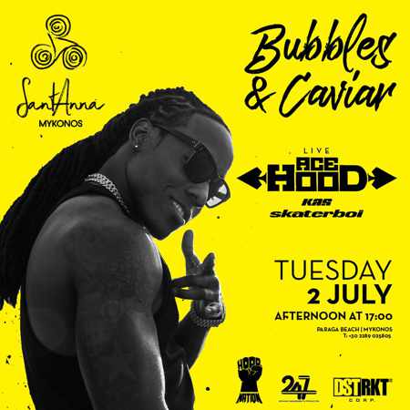 Promotional ad for Ace Hood live show at SantAnna Mykonos