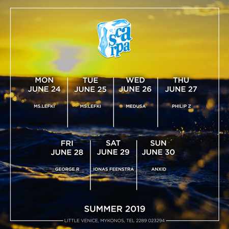Scarpa Bar Mykonos DJ appearance schedule June 24 to 30
