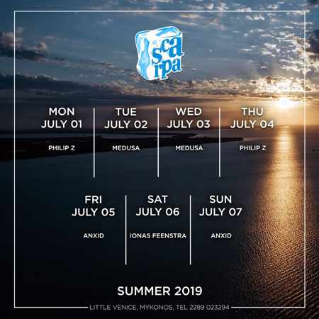Scarpa Bar Mykonos DJ schedule July 1 to 7