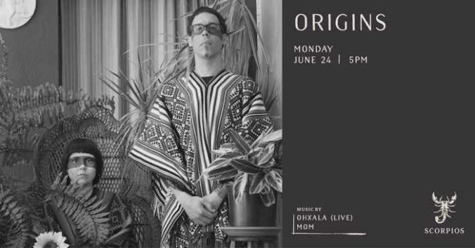 Promotional image for the June 24 Origins music event at Scorpios Mykonos