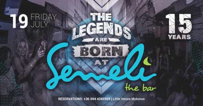 Announcement for Semeli Bar Mykonos 15th anniversary party Friday July 19