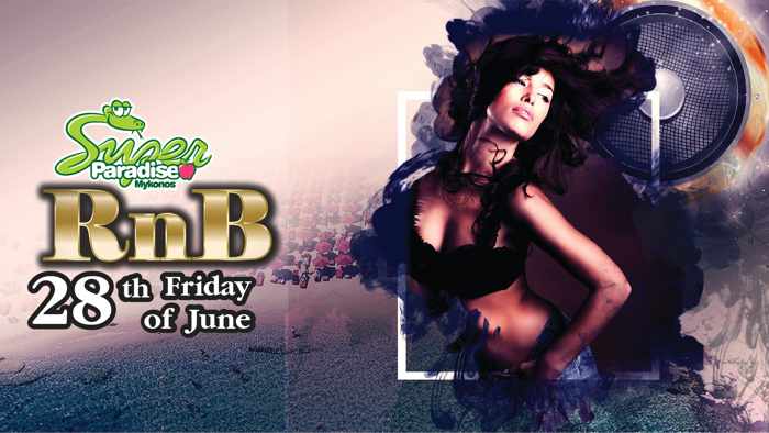 Promotional image for RnB Friday parties at Super Paradise beach club Mykonos