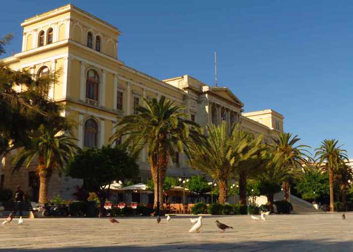 Greece,Greek islands, Cyclades,Siros,Syros,Syros island, town, town hall, Syros Town Hall, building, Neoclassical, architecture, square, town square, Miaouli Square, 