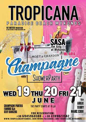 Promotional image for champagne shower parties at Tropicana club Mykonos