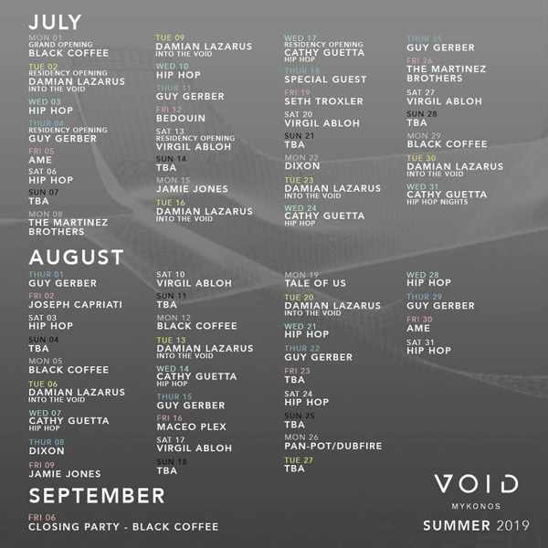 2019 summer schedule for parties and DJ appearances at Void club in Mykonos