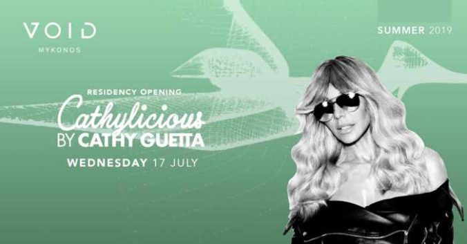 Advertisement for DJ Cathy Guetta appearance at Void club Mykonos on July 17