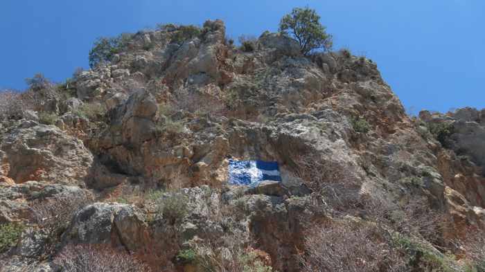 Greece, Peloponnese, Karathona, path, trail, coast, church path, Agios Nikolaos Church, Agios Nikolaos Church at Karathona, clilff, rock, 