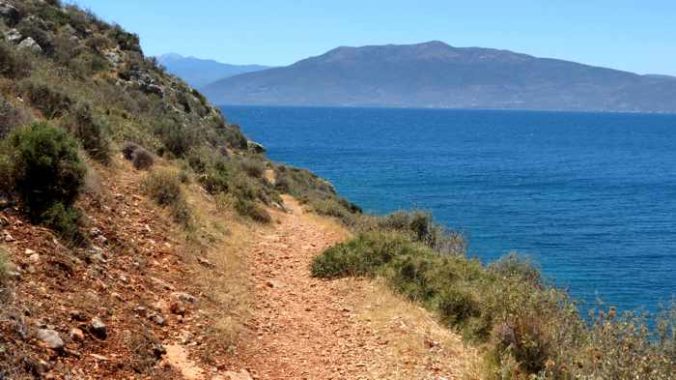 Greece, Peloponnese, Karathona, path, trail, coast, church path, Agios Nikolaos Church, Agios Nikolaos Church at Karathona,