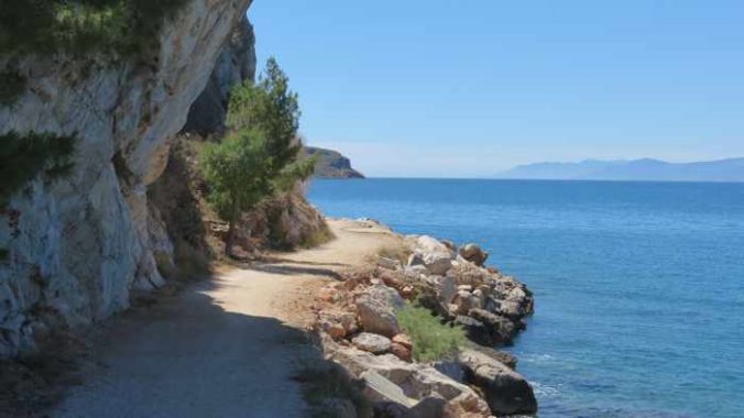 Greece, Peloponnese, Nafplio, Karathona, Karathona path, path, footpath, trail, walkway, coast, seaside, Argolic Gulf, sea, water, cliff