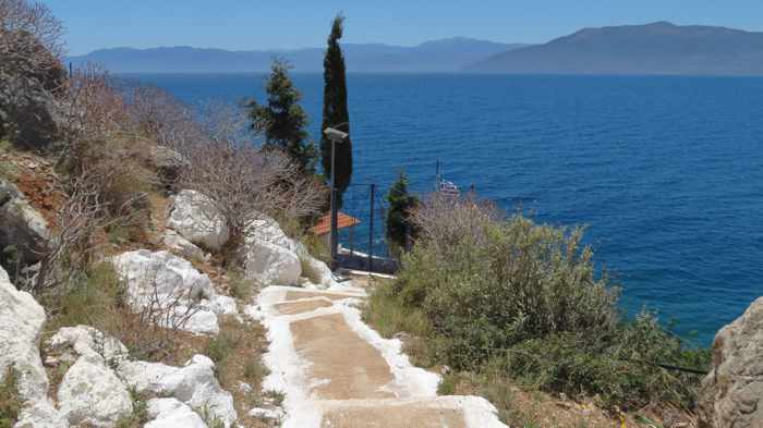 Greece, Peloponnese, Karathona, path, trail, coast, church path, Agios Nikolaos Church, Agios Nikolaos Church at Karathona, path, steps, stairs, trail, 