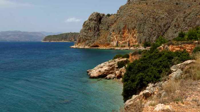 Greece, Peloponnese, Nafplio, Karathona path, beach, Neraki beach, Neraki beach Nafplio, coast, seaside, sea, water, cliffs, mountain, Argolic Gulf, coast