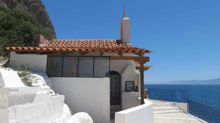 Greece, Peloponnese, Karathona, path, trail, coast, church path, Agios Nikolaos Church, Agios Nikolaos Church at Karathona, building, chapel, 