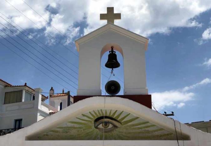 Greece, Greek island, Saronic island, Poros, Poros Greece, Poros island, church, Orthodox church, belfry, bell tower, Agia Triada Church Poros,