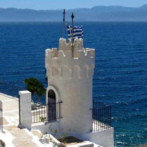 Greece, Peloponnese, Karathona, path, trail, coast, church path, Agios Nikolaos Church, Agios Nikolaos Church at Karathona, church tower, sea, coast