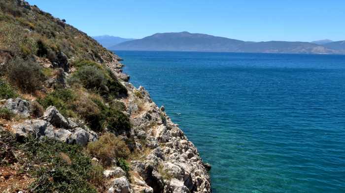 Greece, Peloponnese, Karathona, path, trail, coast, church path, Agios Nikolaos Church, Agios Nikolaos Church at Karathona, coast, Argolic Gulf, sea, water, shore, seaside 