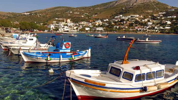 Greece, Greek Islands, Cyclades, Siros, Syros, Kini Bay, Kini beach, Kini village, landscape, coast, seaside, harbor, harbour, port, boats, fishing boats