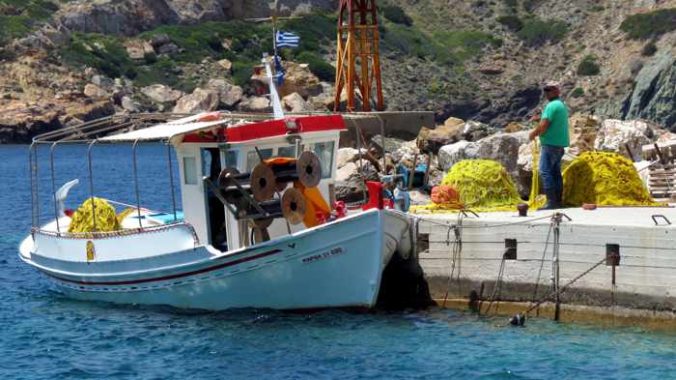 Greece, Greek Islands, Cyclades, Siros, Syros, Kini Bay, Kini beach, Kini village, landscape, coast, seaside, harbour, fishing boat, boat, Kini Beach, Kini Beach Syros,