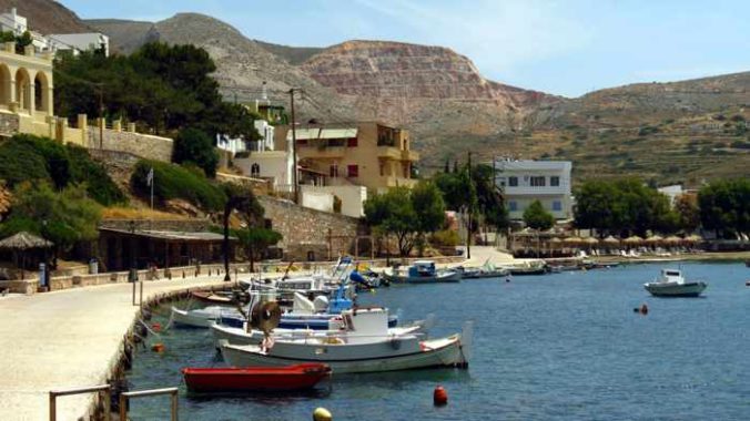 Greece, Greek Islands, Cyclades, Siros, Syros, Kini Bay, Kini beach, Kini village, landscape, coast, seaside, harbour, fishing boat, boat, Kini Beach, Kini Beach Syros, boats, harbour, harbor,