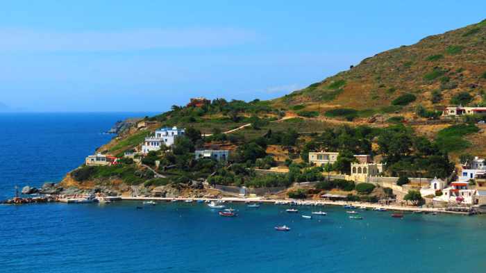 Greece, Greek Islands, Cyclades, Siros, Syros, Kini Bay, Kini beach, Kini village, landscape, coast, seaside, village, mountain,, houses, harbour