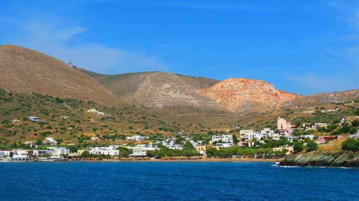 Greece, Greek Islands, Cyclades, Siros, Syros, Kini Bay, Kini beach, Kini village, landscape, coast, seaside, village, mountains