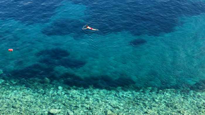 Greece, Greek Islands, Cyclades, Siros, Syros, Syros island, Ermoupoulis, town, city, seaside, coast, shore, buildings, Vaporia, coast, sea, Aegean sea, swimmer, swimming