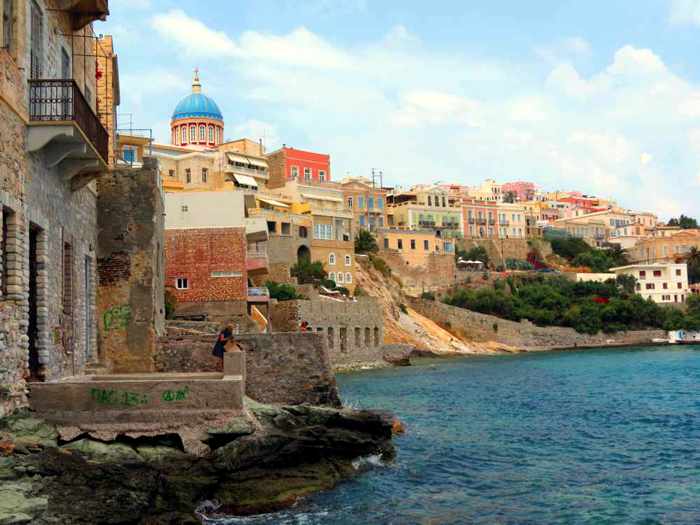 Greece, Greek Islands, Cyclades, Siros, Syros, Syros island, Ermoupoulis, town, city, seaside, coast, shore, buildings, Vaporia,