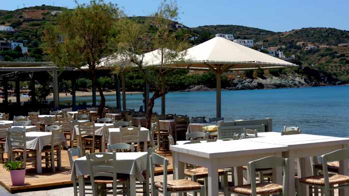 Greece, Greek Islands, Cyclades, Siros, Syros, Syros island, Kini Bay, Kini Beach, restaurant, Allou Yialou,waterfront, seafront, coast, shore,, patio, veranda, terrace