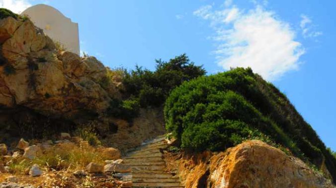 Greece, Greek islands, Cyclades, Siros,Syros, Syros island, Galissas,, church, Agia Pakou, Agia Pakou church Galissas, steps, stairs, hill