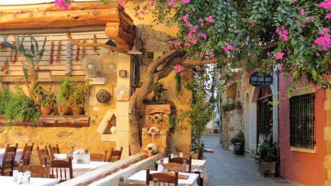 Greece, Greek islands, Crete, Chania, street, lane, courtyard, taverna, restaurant,