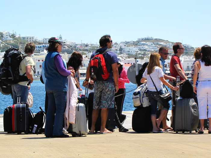 Greece, Greek island, Cyclades, Mikonos, Mykonos, Mykonos ports, Mykonos Old Port, Mykonos Town port, ferry port, ferry, tourists, ferry passengers, travellers, people 