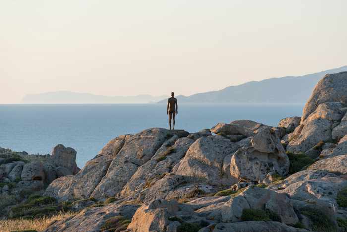 A sculpture from the Sir Antony Gormley SIGHT exhibition on Delos island seen in a photo from the NEON page on Facebook