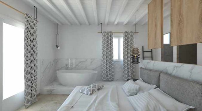 Apiro Mykonos hotel website photo of the interior of a junior suite with bathtub and sea view