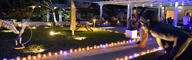 the sculpture garden at Blue Fusion Art Restaurant on Mykonos