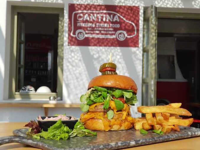 CantinaMykonos street food restaurant photo of its homemade burger dish