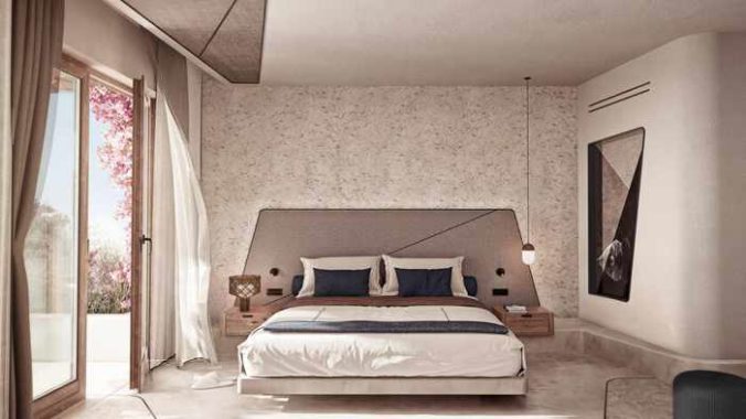 Marriott Autograph Collection website image showing an Aegon Mykonos hotel deluxe room with king bed