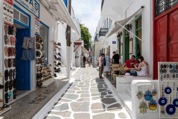 Matogianni Street view from outside the entrance to Geant Suites in Mykonos Town