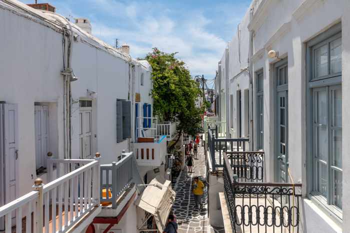 Matogianni Street view from the balcony at Geant Suites in Mykonos Town