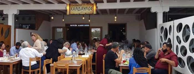 Open air dining patio at Taverna Kandavlos on Mykonos