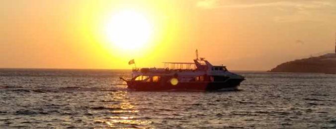 Sunset view of the Mykonos Boat Party ship