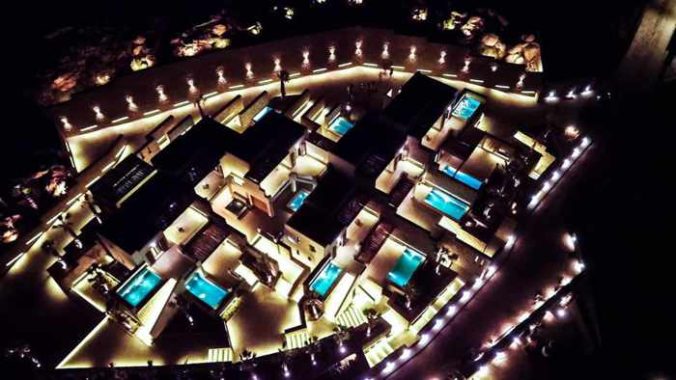 Tropicana Mykonos Facebook photo showing an aerial night view of the new suites and villa wing of Tropicana Hotel