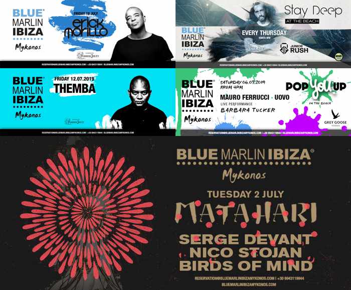 Blue Marlin Ibiza Mykonos advertisement posters for special music events at the club