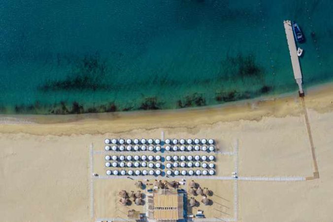 Aerial view of the Blue Marlin Ibiza Mykonos beach club at Kalo Livadi beach on Mykonos