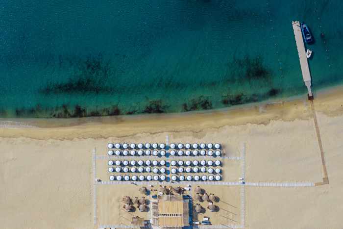 Aerial view of the Blue Marlin Ibiza Mykonos beach club at Kalo Livadi beach on Mykonos