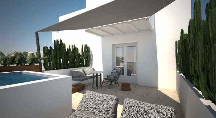 Apiro Mykonos image of the terrace for a superior suite with jacuzzi and side sea view